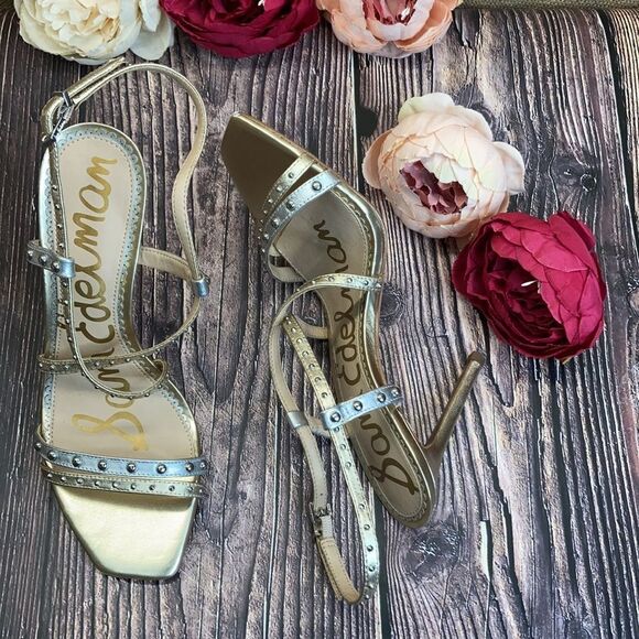 SAM EDELMAN Silver/Gold Leather Lennox Sandal 8M - Picture 3 of 11